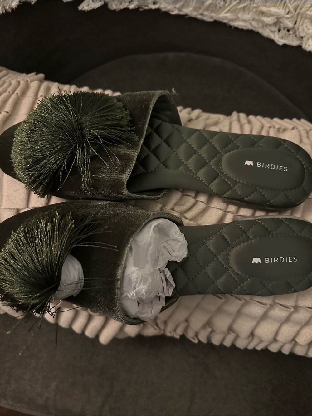 Birdies Olive Velvet Pom Pom Slide Slippers New and Never Worn